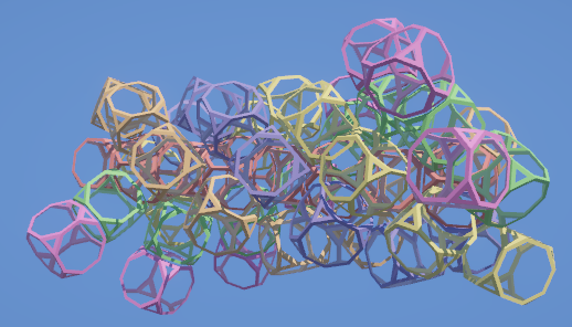 This is a net of the Bitruncateded Icositetrachoron, also known as the Tetracontaoctachoron, one of the few non-regular polytopes that has all identical facets. This net is laid out to form several spirals of cells, spirals which will fold up to become interlocked circles when the net is folded - a discrete representation of the Hopf Fibration with the 6 colors of the cells representing 6 points of an octahedron. Screenshots of some of our work